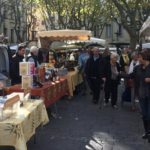 Kiosks at market in Uzès, France